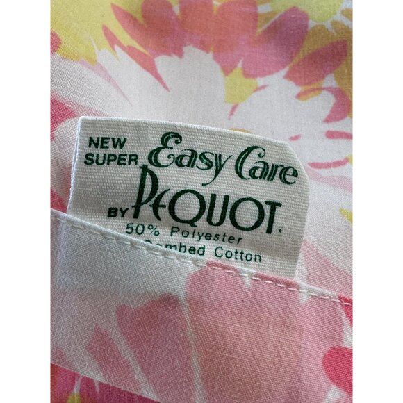 Vintage 70s flat/top bedsheet, pink orange yellow floral, twin size, Pequot - Picture 7 of 9